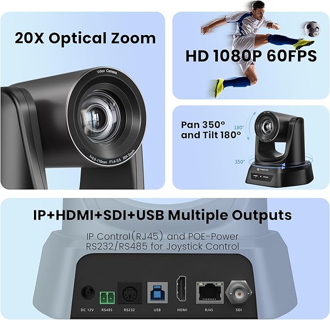 TONGVEO PTZ Camera AI Auto-Tracking 20X Optical Zoom HDMI IP Live Streaming SDI USB3.0 1080P 60fps PoE Supports for Church Services Worship Education Video Conference with OBS vMix Zoom and More