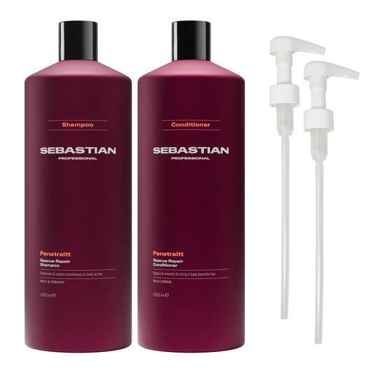 Sebastian Professional Penetraitt Shampoo & Conditioner Duo Set | 33.8 Fl Oz Liter Bottles Prepack with Pumps Included | For Dry, Damaged, & Colored Hair | Packaging May Vary