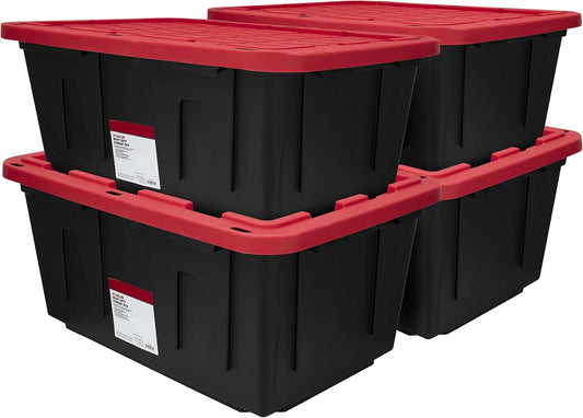 MioeDi 27 Gallon Stackable Storage Bins - Snap Lid Containers in Black with Red Lids | Set of 4