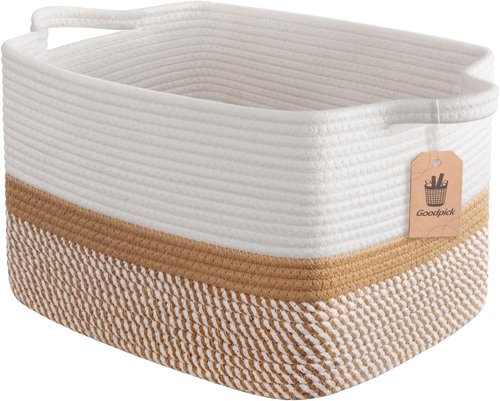 Goodpick Woven Storage Baskets - Cotton Rope Organizers for Home Decor | 13"x10"x9" Rectangle Baskets in White & Camel Mix
