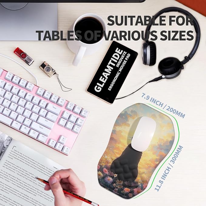 Gleamtide Ergonomic Raised Mouse Pad Wrist Support with Bilateral Slope Memory Foam Mousepad for Wrist Rest and Carpal Tunnel Pain Relief 11.8x7.9〃Flower Sea Cat