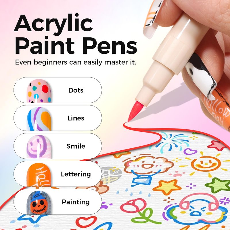 GELLAKTIK 12 Colors Nail Art Pens Set, 3D Nail Polish Pens, Quick-Drying Acrylic Paint Markers, 0.7mm Dotting Painting Liner Brush for DIY Nail Design, Home & Salon Manicure Tools