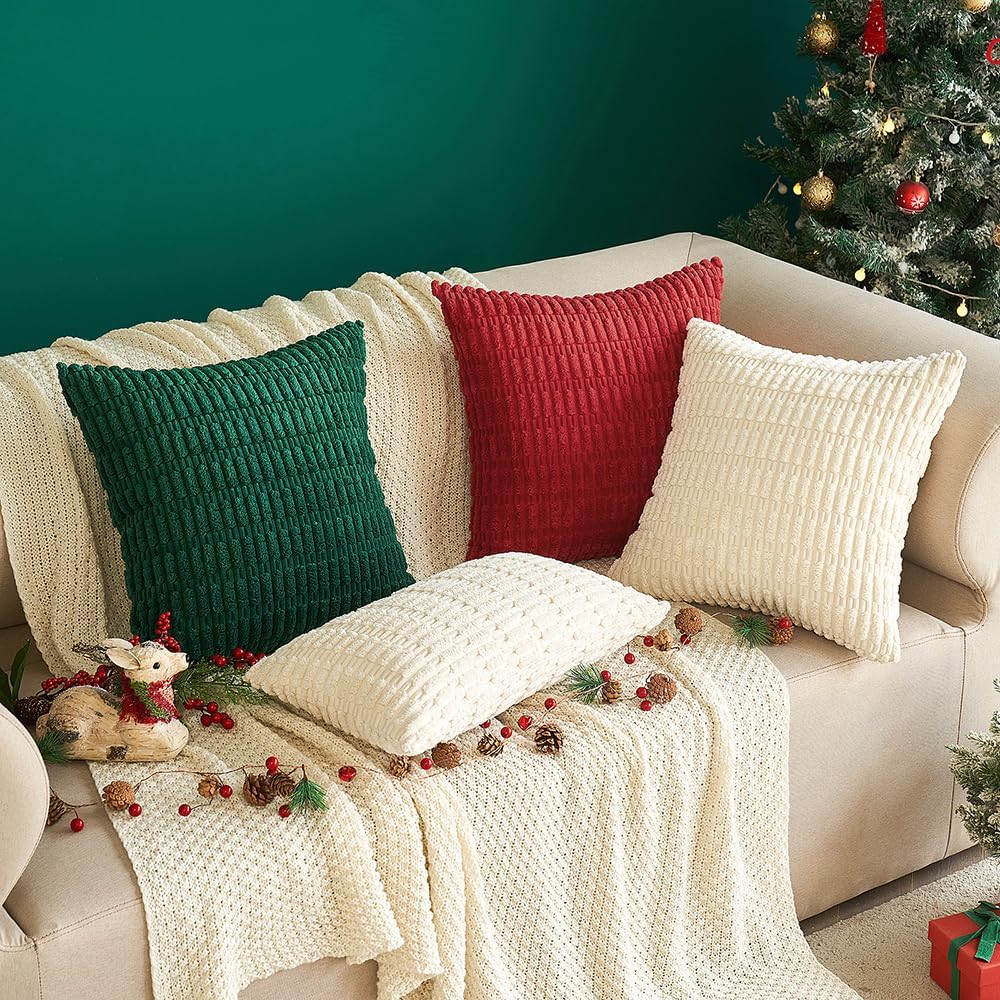 MIULEE Corduroy Throw Pillow Covers - Soft Boho Striped Design | 18x18 Inch Cream White Set of 4 for Modern Home Decor