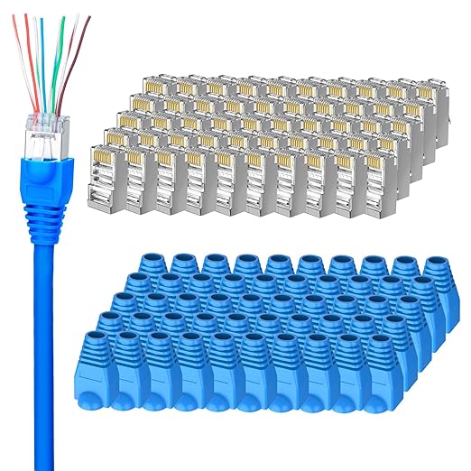 Brileine 100-Pack Cat 6 Pass Through Shielded RJ45 Connectors with RJ45 Boots Cover (Cat6 Connector/ Cat5e Connector/Ethernet Ends/Cat 6 Ends/ RJ45 Modular Plugs) for Solid or Stranded STP Cable