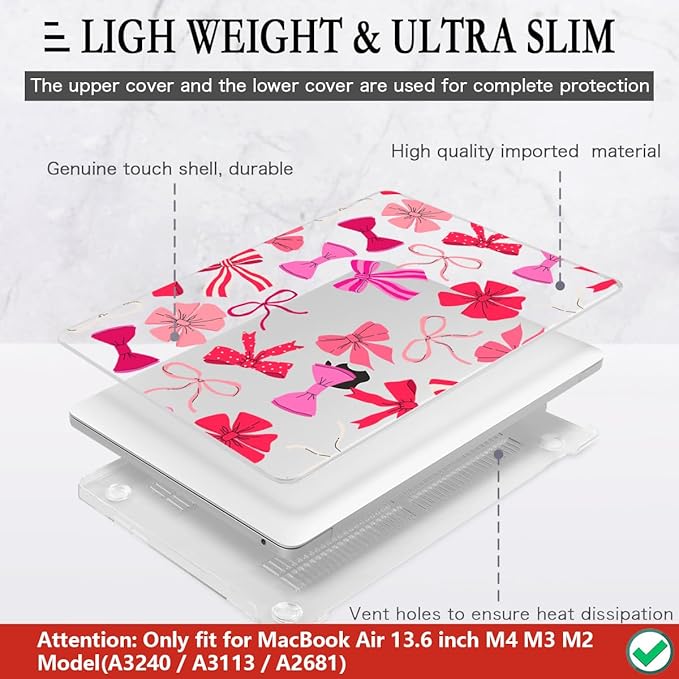 CISSOOK Compatible with MacBook Air 13.6 inch Case 2026 2025 2024 2023 2022 Release A3449 A3240 A3113 A2681, Hard Shell Case Keyboard Cover Screen Protector for MacBook Air 13 M2 M3 M4 M5, Pink Bows