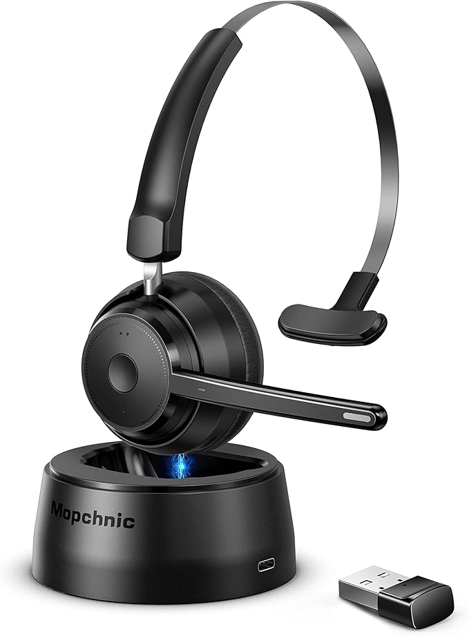 Mopchnic Bluetooth Headset, Wireless Headphone with Microphone for Computer, On Ear Bluetooth with USB Dongle for Office Call Center Skype Zoom Meeting Online Class (Dark Gray)