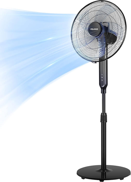 Pelonis 16" Oscillating Pedestal Fan - Ultra Quiet DC Motor, Adjustable Height, Remote Control | Black