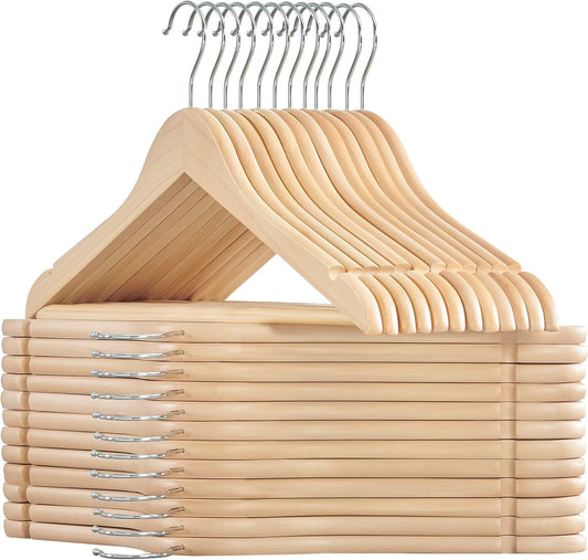 SONGMICS Wooden Hangers - Non-Slip Coat Hangers with Pants Bar & 360° Swivel Hooks | Pack of 24