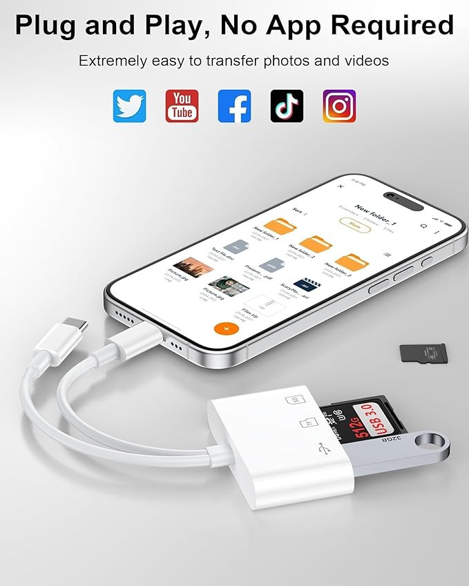 SD Card Reader for iPhone17/iPad/Mac, USB C and Lightning Dual Port Memory Card Adapter, 3-IN-1 Camera SD Card Viewer Support SD, Micro SD, USB 3.0 Slot, Digital Camera Adapter for Samsung and Android