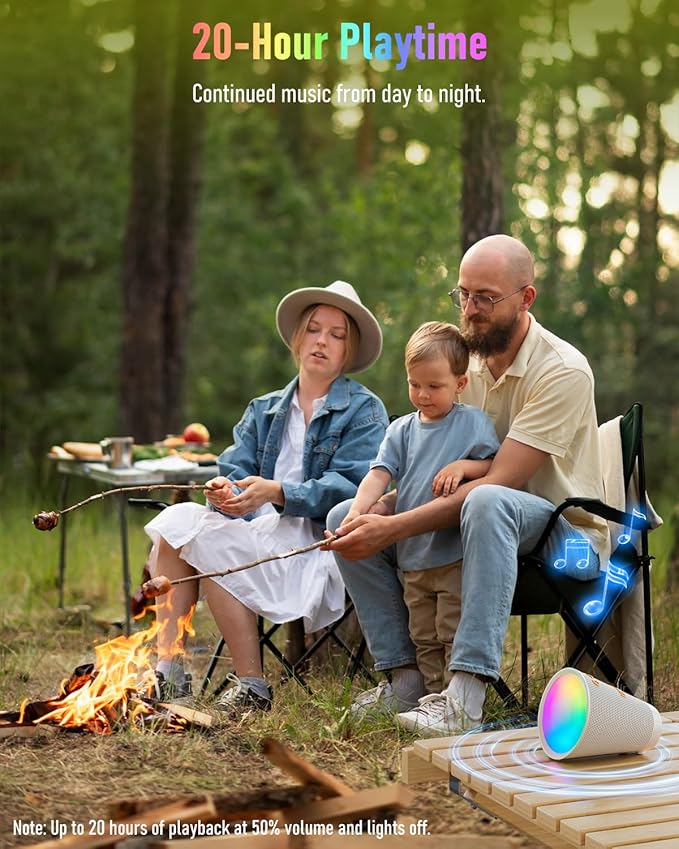 Gladorn Portable Bluetooth Speaker Wireless with 9 Color Lights, 20H Playtime, Stereo Pairing, Deep Bass, IPX6 Waterproof, Bluetooth 5.3, Small Speaker for Home, Party, Outdoor, Camping, Beach, Gift