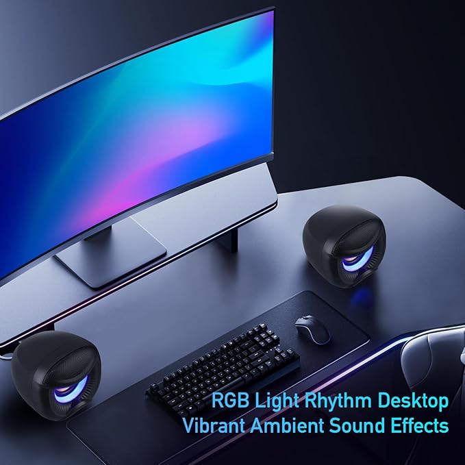 Elimavi USB Computer Speakers, 3.5mm Aux Speaker and USB Powered Interface are Suitable for Desktop Laptop Monitor, Owl Eye Design, Includes a USB-C Adapter, Blue Lights
