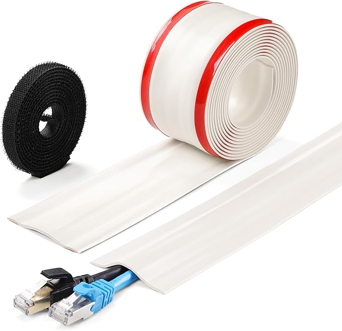8.2ft Cord Cover Floor, Soft PVC Cord Covers for Wires on Floor, Self-Adhesive Cord Hider, Cable Management Wire Protector for Commercial Office Carpet/Floors/Wall Off White