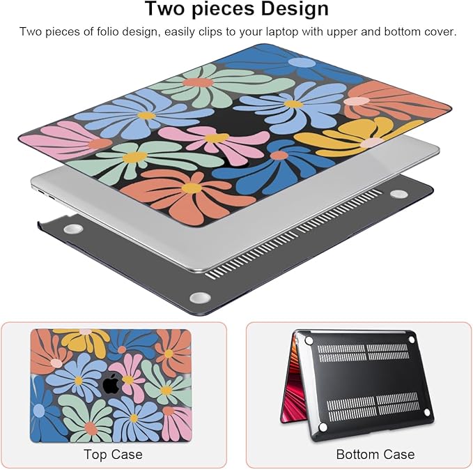 LCMOCICO for MacBook Pro 13 inch Case 2022 2021-2016 Release A2338 M2/M1 A2251 A2289 A2159 A1989 A1706 Touch Bar, Pattern Plastic Hard Shell & Keyboard Cover & Screen Film, Colorful Flowers Black