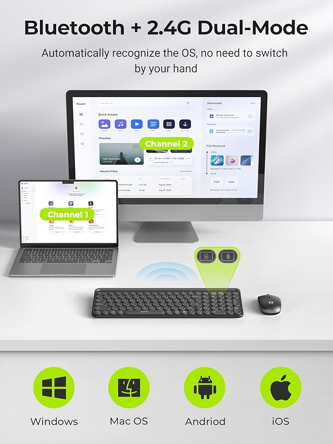 seenda Bluetooth Keyboard and Mouse for iPad, CTU-301 Wireless Multi-Device Connection Bluetooth+2.4G Keyboard Mouse Combo with Tablet Holder for iPad/MacBook/Windows, iOS/Android/Phone, Black