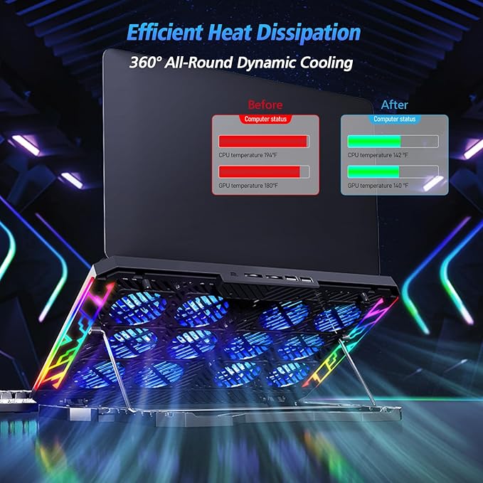 Trullypine Laptop Cooling Pad with 12 Quiet Fans, Slim Portable for 12-17.3 Inch Laptop Cooler Stand with 5 Height Adjustable, Ergonomic Gaming Cooling Fan Pad with Two USB Ports & Phone Holder (Gear)