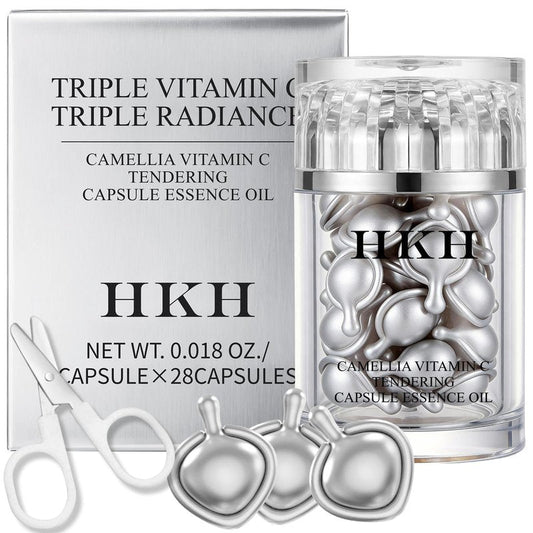 HKH Triple Vitamin C Serum Capsules for Face – 28 Capsules Dark Spot Corrector - Anti-Aging Skincare & Hydrating Vitamin C with Camellia Extract & Vitamin E - Smooths Fine Lines & Firms Skin
