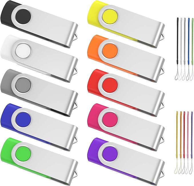 ABLAZE 8GB Flash Drive 10 Pack, USB 2.0 Memory Stick with Lanyards Swivel Thumb Drives Bulk Pendrive U Disk for Data Storage (Mixcolors)