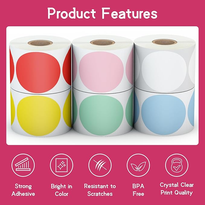 StickerTag 6 Rolls 2 Inch 6-Color Assorted Circle Direct Thermal Stickers Labels, Self-Adhesive Round Direct Thermal Labels for Business, DIY, Code, Name Tag, Envelope Seal - 4500 Labels
