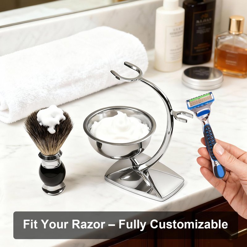 Shaving Bowl Set - 3-Piece Magnetic Base with Chrome Stand & Synthetic Brush | Razor Not Included