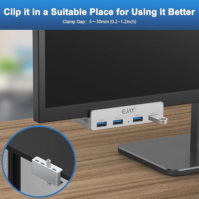 EJAY Clamp USB 3.0 Hub for Desk & Monitor, 4-Port 5Gbps High-Speed Under Desk USB Hub with 59in Extra Long Data Cable, Aluminum Multi Port Splitter for PC, Mac, Laptop, Silver