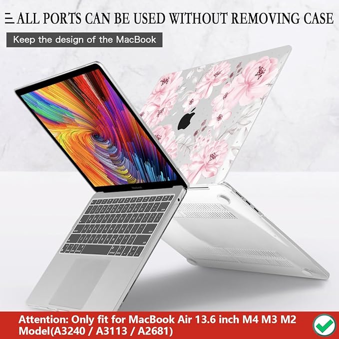 CISSOOK Compatible with MacBook Air 13.6 inch Case M5 M4 M3 M2 Chip 2026 2025 2024 2023 2022, Hard Shell Case Keyboard Cover Screen Protector for Mac Air 13 A3240 A3113 A2681 A3449, Cute Pink Flower