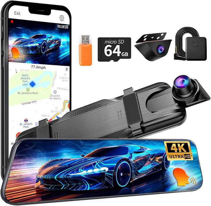 Mirror Dual Dash Camera,4K and 2.5K Dash Cam with Voice Control Rear View Mirror Camera and WiFi,GPS Dashcam for Cars with WDR Night Vision, G-Sensor, 24 Parking Monitor ABS (Include 64GB Card)