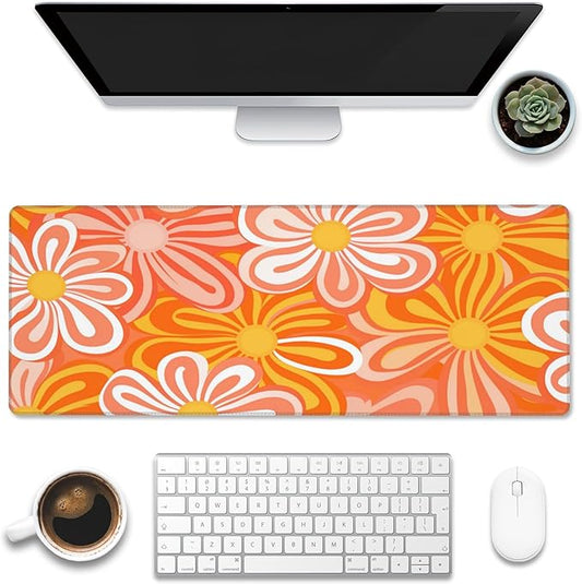 Eflxamz Desk Pad - Hippie Vintage Orange Flowers Desk Mat, Retro Floral Large Gaming Mouse Pad with Non-Slip Base and Stitched Edge, 31.5"x11.8"