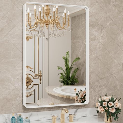 LOAAO Bathroom Mirror - 32x36 Inch White Metal Framed Vanity Mirror | Large Rounded Rectangle, Anti-Rust Tempered Glass
