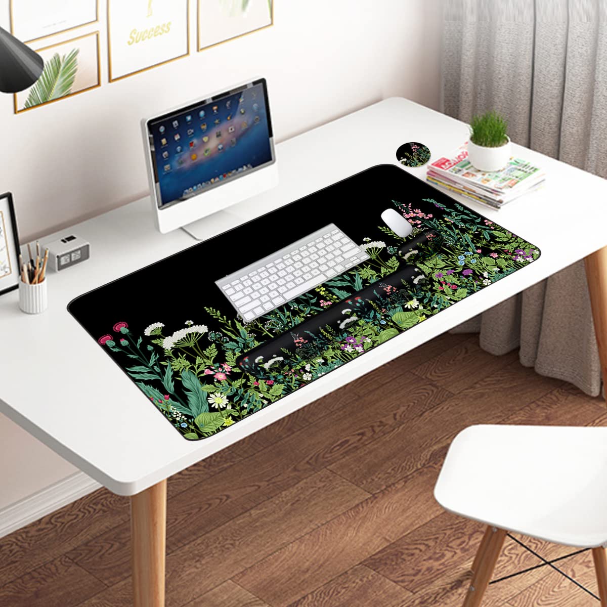 Keyboard Mouse Pad Set, Extended Mouse Pad+Keyboard Wrist Rest Support, Memory Foam Ergonomic Easy Typing, 3Pcs (35.4×15.7 in) Desk Pad Set for Home Office Study Game - Weeds