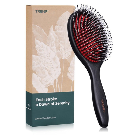 TRENFI Boar and Nylon Bristle Hair Brush | Solid Red Oak Oval Cushion Brush for Thick Wavy Curly Hair
