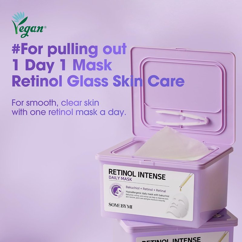 Retinol Intense Daily Mask - Vegan Korean Face Sheet Mask for Glass Skin | 30 Sheets, 11.8Oz - Improves Texture & Elasticity