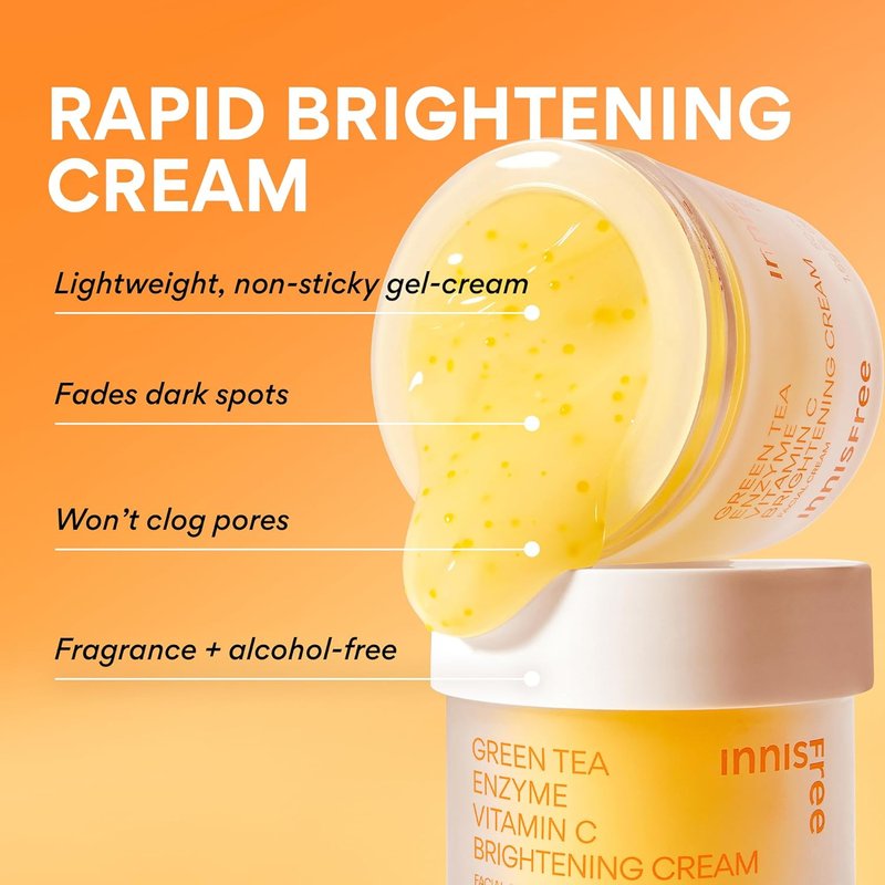 Innisfree Green Tea Enzyme Vitamin C Cream - Brightening Korean Face Moisturizer for Dark Spots & Radiant Skin