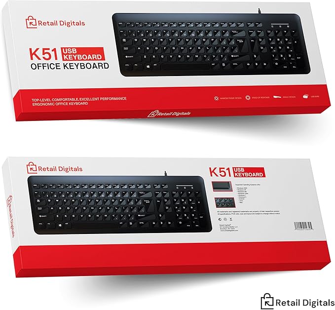 Retail Digitals Wired USB Keyboard | Full-Sized | Ergonomic | Soft Typing | QWERTY Layout | Black