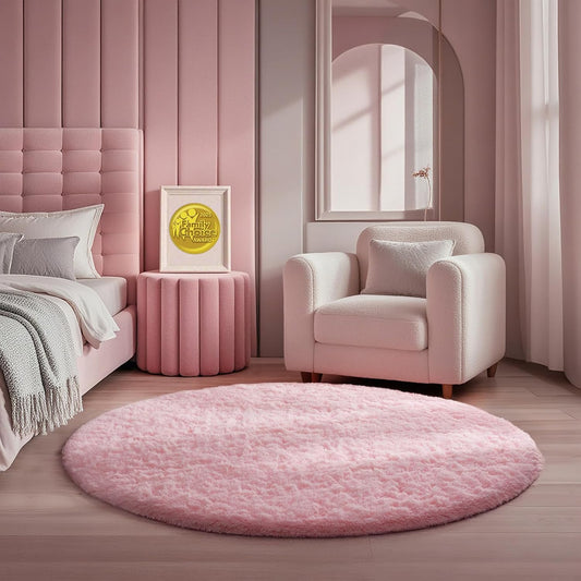 Ophanie Soft Fluffy Shaggy Rug - Aesthetic Pale Pink Decor for Bedroom & Living Room | 4' Round