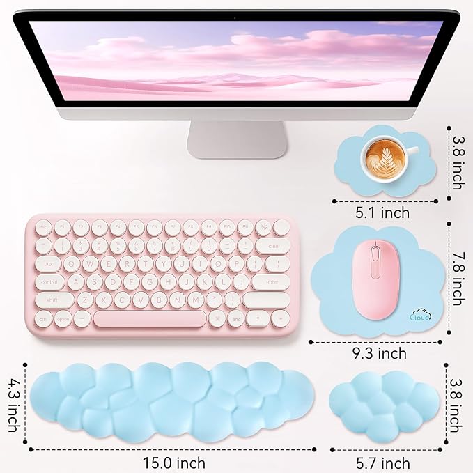 Sushret Cloud Wrist Rest for Computer Keyboard, 4-in-1 Memory Foam Leather Cloud Keyboard Wrist Rest and Mouse Pad Set with Ergonomic Support for Arm and Palm Cushion, Gaming/Work Setup, Blue