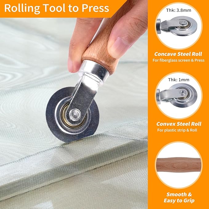 QWR 4 in 1 Window Screen Repair Tool Kit,Including 32Ft Spline Replacement,Steel Roller with Bearing,Spline Removal Hook and High Quality Scissors,for Installing Door Mesh Screens., Black (QWR-56321)