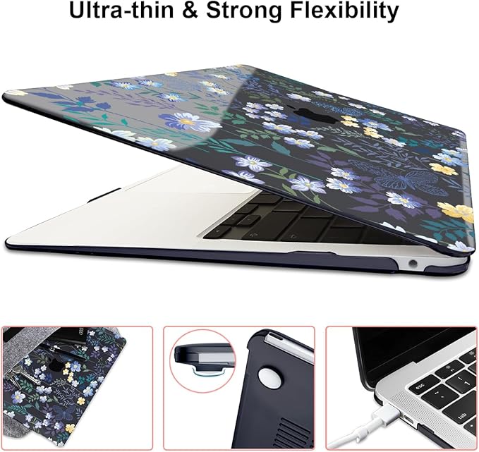 LCMOCICO for M1 MacBook Air 13 Inch Case 2021 2020 2019 2018 Release M1 A2337 A2179 A1932 Cover with Retina Display & Touch ID, Printed Pattern Plastic Hard Shell Case, Meadow Wildflower Black