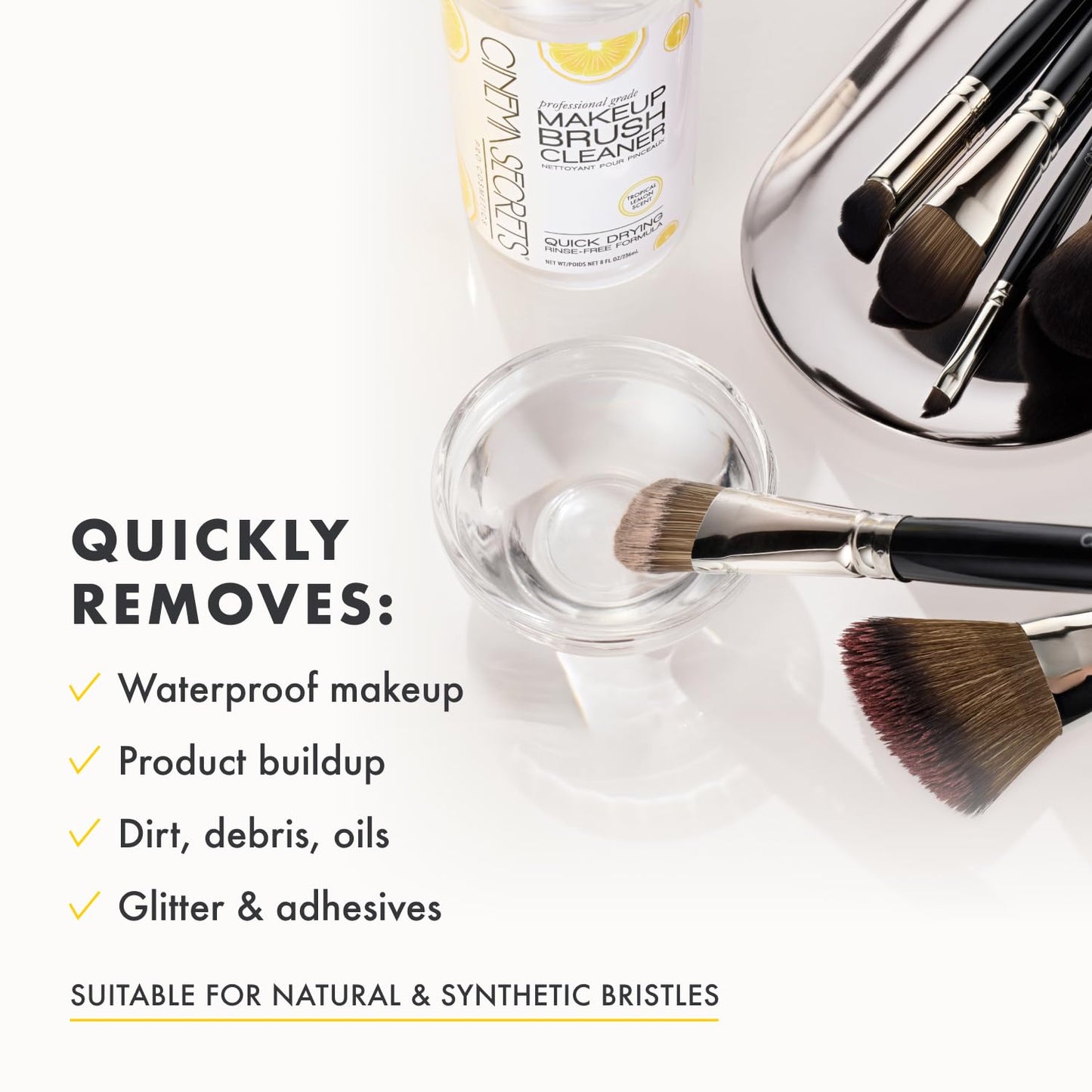 Cinema Secrets Original Makeup Brush Cleaner Solution - Professional Cleanser for Makeup Brushes - Quick-Drying, Rinse-Free Formula - Removes Stubborn Waterproof Make Up - Lemon (8 fl oz)