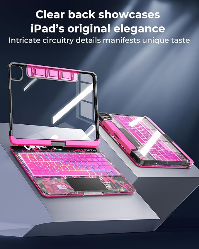 TSQQST Clear Wireless Keyboard Case for iPad (A16) 11th Generation 11-inch 2025/ iPad 10th Generation 10.9-inch 2022 with Pencil Holder & Multi-Touch Trackpad, 7-Color Backlit, 360 Rotatable, Pink