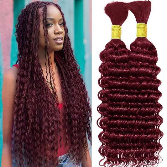 Xddnamei Curly Burgundy Human Braiding Hair 2 Bundles Total 100g 22 Inch 99J Burgundy Braiding Human Hair Brazilian Virgin Hair Bundles for Boho Braids