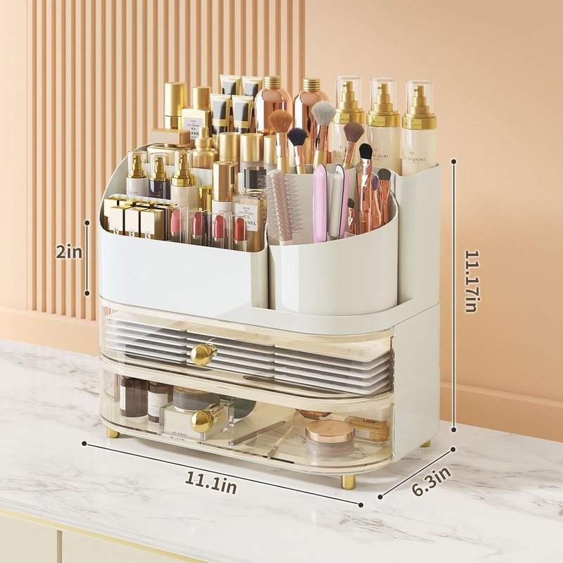 Makeup Organizer for Vanity - Large Rotating Cosmetic Organizer with Drawers | White Countertop Storage for Skincare, Perfume, Lipsticks, Nail Polish