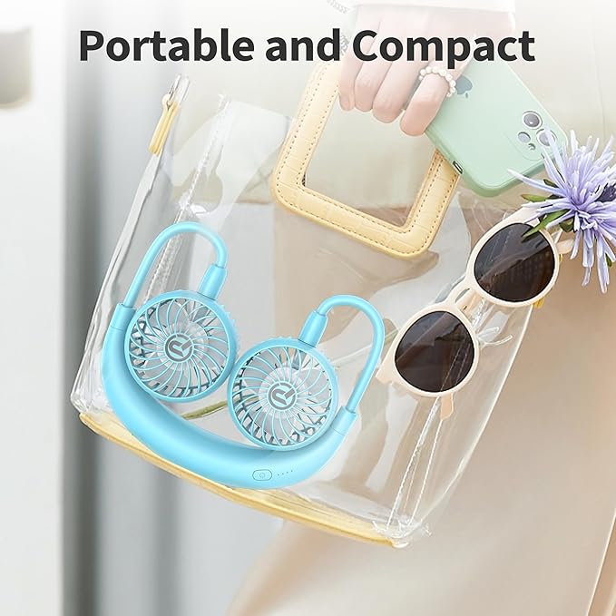 Portable Neck Fan, 2600mAh Battery Operated, Ultra Quiet Hands Free USB Fan with 3 Speeds, Strong Wind, 360° Adjustable High Flexibility Wearable Personal Fan for Sport Office Outdoor Travel-Cyan