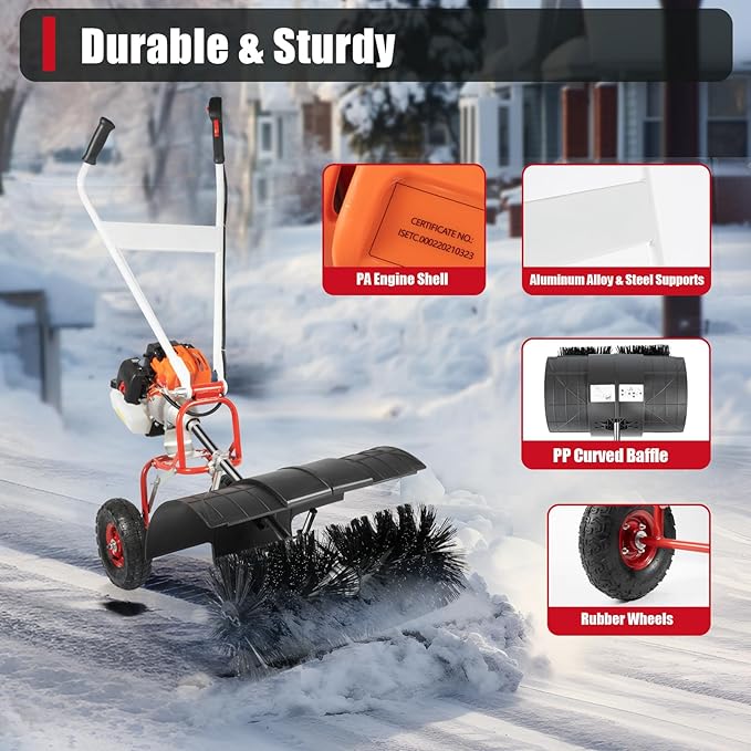52cc Handheld Snow Sweeper Brush Broom, Gas Power Folding Outdoor Driveway Turf Grass Snow Cleaning Tool Walkway Cleaner for Leaves, Snow, and Gravel