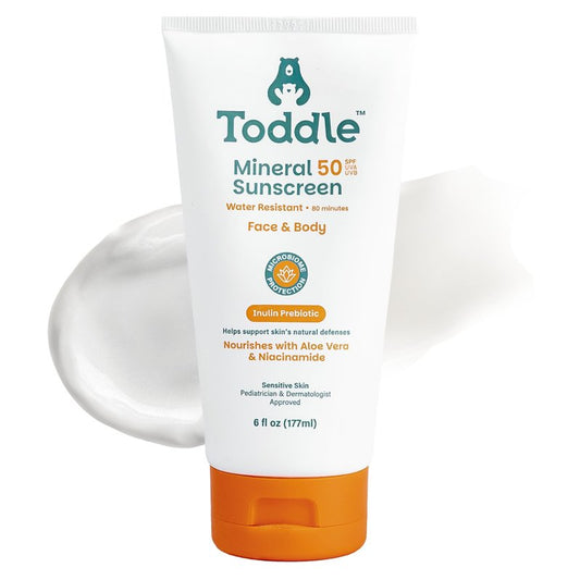 Toddle Prebiotic Mineral Sunscreen SPF 50 for Kids & Baby, Face & Body Sun Protection, Reef Safe, Non-Toxic Zinc Oxide Broad Spectrum, Water-Resistant, No White Cast, 6oz