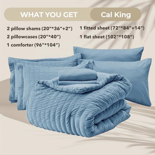 HYMOKEGE Mineral Blue California King Comforter Set Seersucker 7 Pieces, All Season Luxury Bed in a Bag for Bedroom, Bedding Set with Comforter, Sheets, Pillowcases & Shams