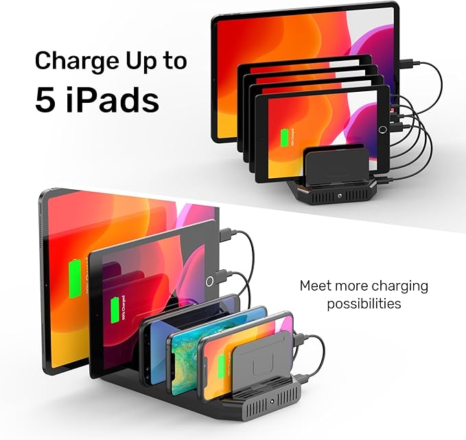 【10PCS】 Unitek Multi Charging Station, 10-Port USB Charger for Multiple Device with SmartIC Tech and Adjustable Dividers, Organizer Stand Compatible with iPad, Tablet, Kindle, iPhone - 10PCS, Black