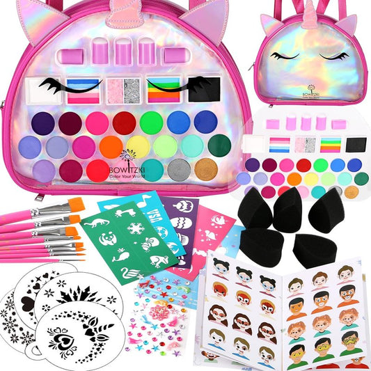 Bowitzki Unicorn Face Paint Kit-24 Colors,2 Rainbow Glitters&2 Glitter Gels,10 Sponges,8 Brushes,8 Stencils,Gem Stickers&Guidebook-Come with Unicorn Backpack for Family Party Halloween (Pink)