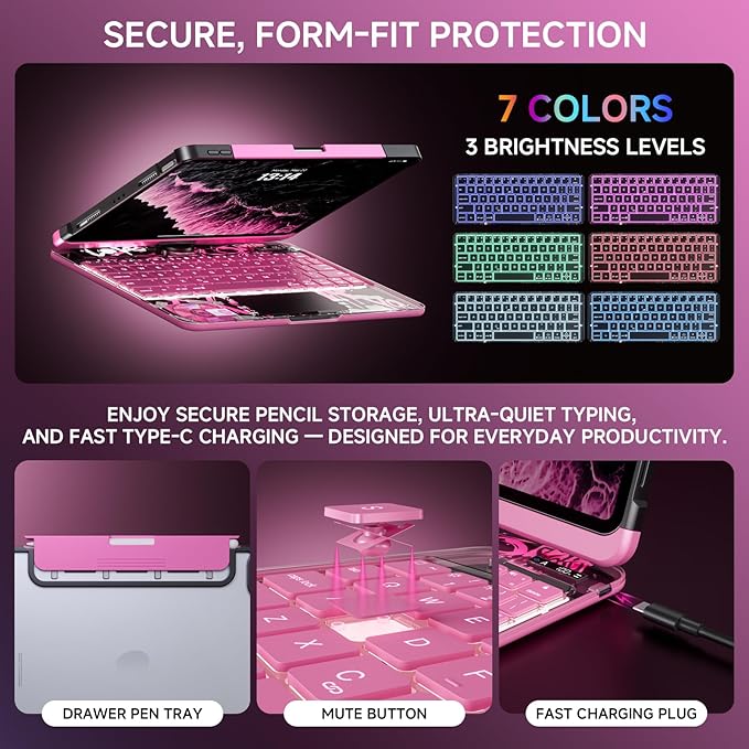 Tiaota Transparent Case with Keyboard for iPad 9th (7th, 8th, and 9th Gen) 10.2 Inch,with 7-Color Backlit Wireless Keyboard,360°Rotatable Protective Case Multi-Touch Trackpad,with Pencil Holder,Pink