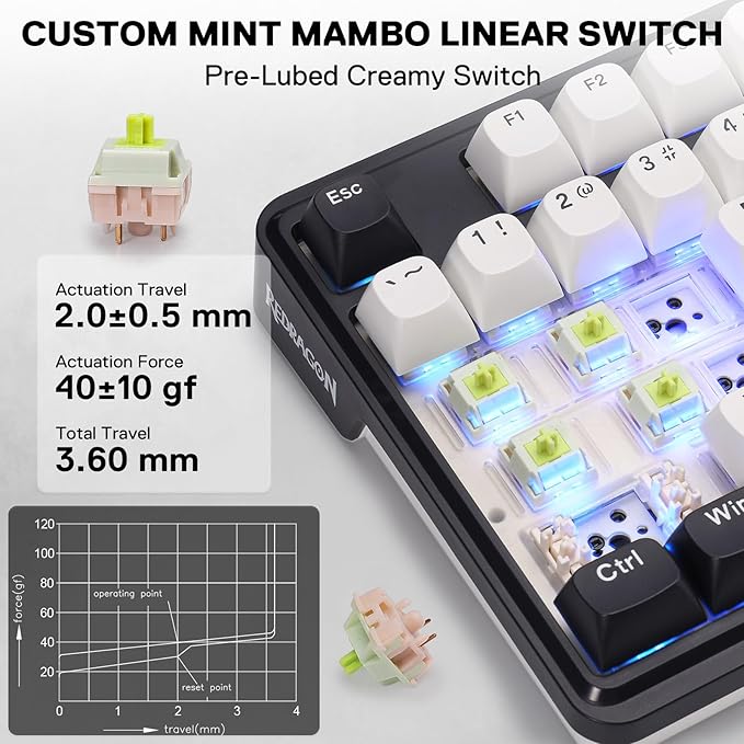 Redragon K745 PRO Wireless Gasket RGB Gaming Keyboard, 108 Keys Mechanical Keyboard w/Extra 4 Hotkeys, Hot-Swap Socket, 5-Layer Noise Dampening, See-Through Round PBT Keycaps, Mint Mambo Switch