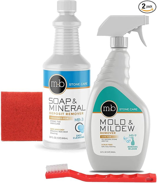 MB Stone Care | Soap Scum Remover Kit | MB-3 Soap & Mineral Deposit Remover, MB 9, Red Scrubbing Pad & Utility Brush | Bundle